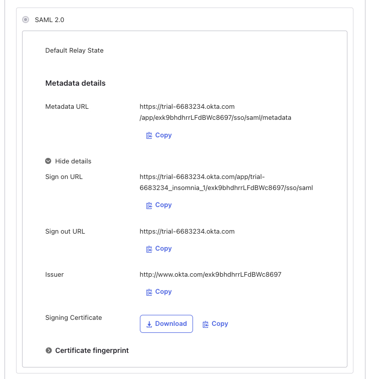 okta copy sign on url and signing cert